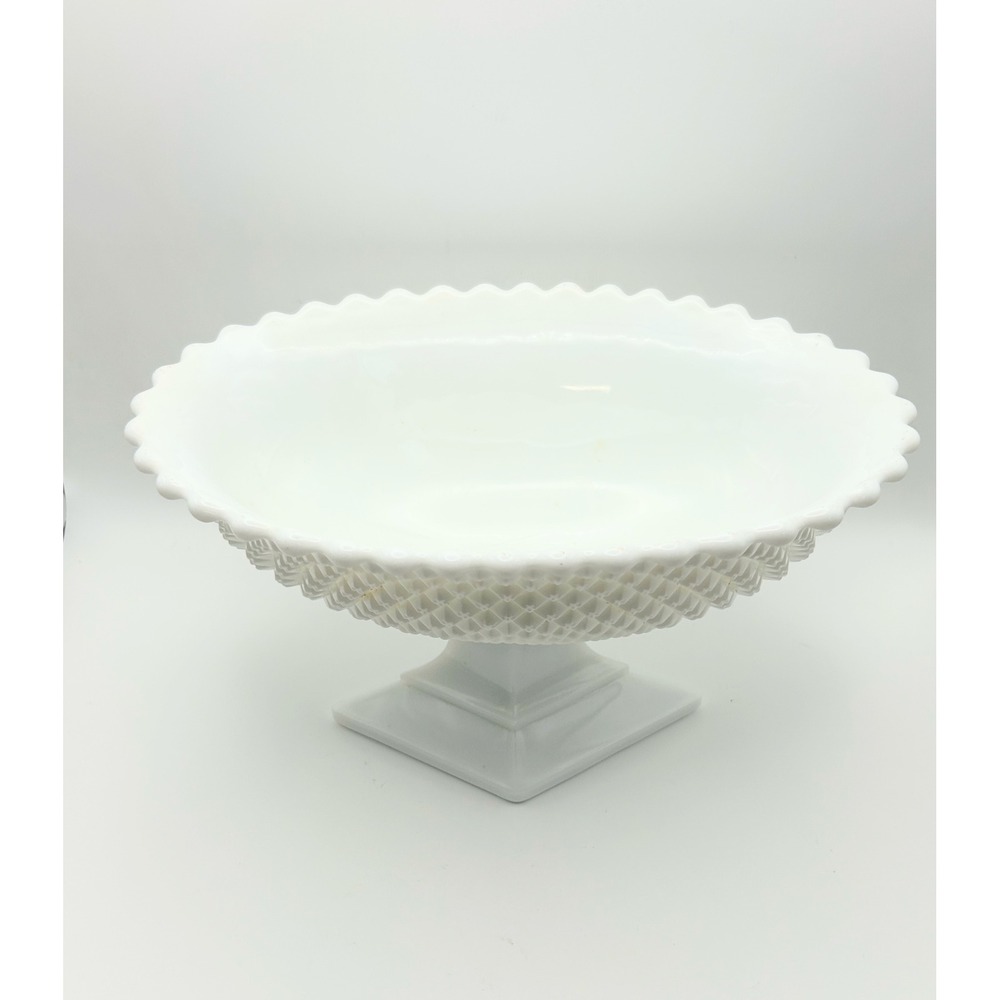 Vintage White Milk Glass Pedestal Bowl Diamond Point Hobnail Scalloped Edge 9.5" - Picture 2 of 6